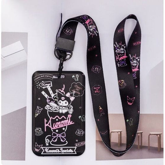 Porta Credencial Sanrio Kuromi Neón Negro + Landyard